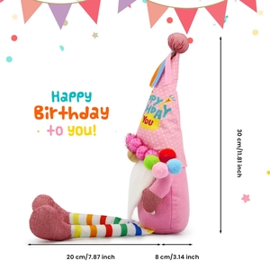Rosa Happy Birthday Wichtel Plüschpuppe mit bunten Streifenbeinen und 30 cm Größenangabe