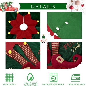 Gonna per albero di Natale elfo rossa e verde con gambe 3D e pompon su sfondo bianco