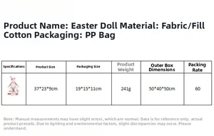 Detailed size chart for Easter bunny gnome showing dimensions 37x23x9cm and material info