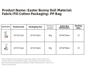 Tableau détaillé des tailles et matériaux pour peluche de lapin de Pâques lumineux