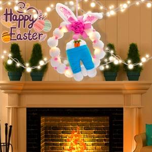 Easter plush bunny ears wreath with LED lights hanging above a warm fireplace scene