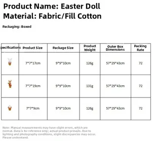 Detailed size and weight chart for Easter bunny dolls and plush colorful eggs