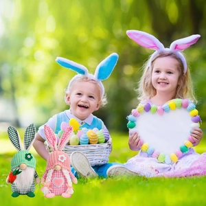Easter gnome plush set with plaid bunny ears and carrot decor on green grass