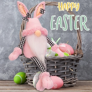 Easter gnome plush doll with pink body and long legs sitting on a basket home decor