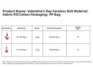 Tabella taglie dettagliata per gnomi di peluche di San Valentino con decorazioni