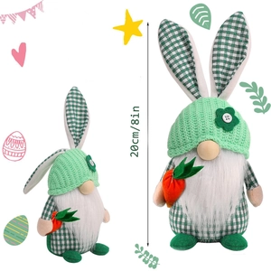 Easter faceless gnomes with plaid rabbit ears holding carrots, 8-inch plush decorations