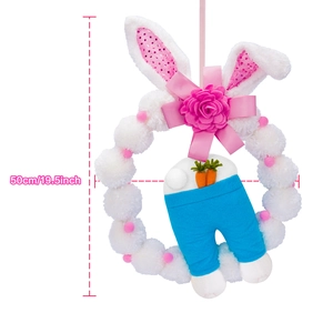 Easter plush bunny wreath with pink sequin ears and rose, 50cm wall door hanging gift