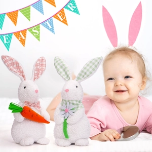 Easter plush bunny set with carrot and flower decorations in a festive home setting