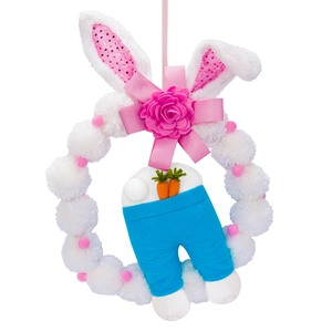 Easter rabbit wreath with plush balls, bunny ears, and carrot detail door decoration