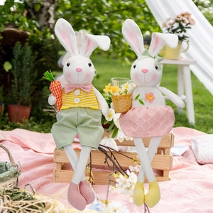 Lindo Conejo De Pascua Muñeca Peluche Piernas Largas Decoración Con Zanahoria Cesta De Flores Ornamento Primavera Para Hogar Fiesta Regalo