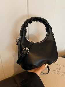 Chic black crescent shoulder bag with scrunchie handle and adjustable thin strap