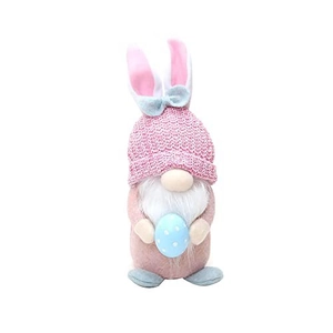Gnomo de Pascua rosa de peluche con orejas de conejo y huevo azul para decoración