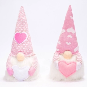 Pair of glowing Valentine's Day faceless gnomes with pink and white heart decorations