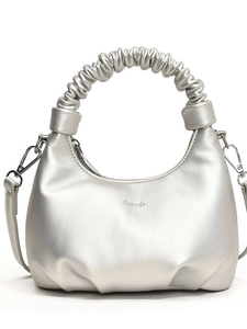 Silver metallic dumpling handbag with ruched handle and detachable crossbody strap