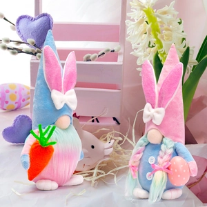Detail of plush Easter gnomes with rabbit ears, rainbow beard and colorful braid