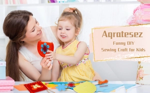 Close-up of mother and daughter sewing colorful DIY felt wallet kits with plastic needles