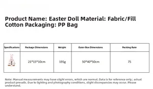 Detailed size and weight specifications for this long-legged Easter rabbit doll