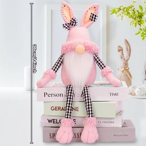 Pink plush Easter bunny gnome decoration with long checkered legs and 14-inch height