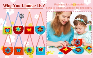 Kids DIY felt handbag kit with 8 styles showing stitching steps and parent-child interaction