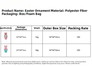 Size chart for Easter bunny figurines showing dimensions and weights of pink and blue models