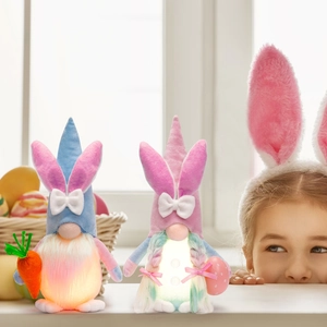 LED lighted Easter bunny gnomes set with carrot and egg for festive home decoration
