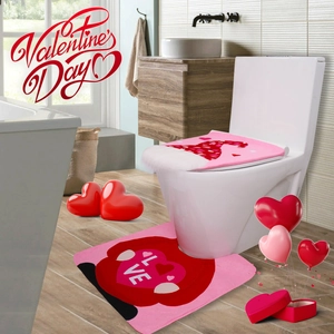 Valentine's Day gnome toilet cover and floor mat set with pink love heart patterns