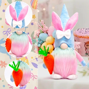 Detailed close-up of a plush Easter gnome with bunny ears holding an orange carrot