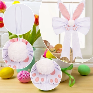 Easter rabbit ear wreath pendant with glowing lights and pink bow for door decor