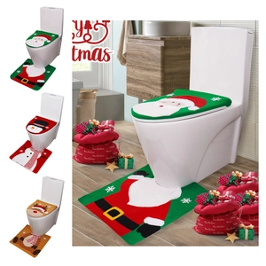 Christmas Toilet Seat Cover and Mat Set Polyester Cartoon Santa Snowman Reindeer Pattern Bathroom Decor Festive Ornament