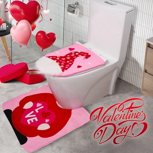 Valentine's Day pink toilet cover and floor mat set with heart gnome and LOVE text