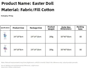 Tableau des tailles pour lapins de Pâques en peluche détaillant dimensions et poids