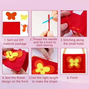Step-by-step assembly guide for a butterfly felt purse kit with red felt and orange thread