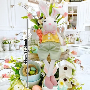 Conejo de Pascua de peluche con zanahoria y flores, figura decorativa de 44cm