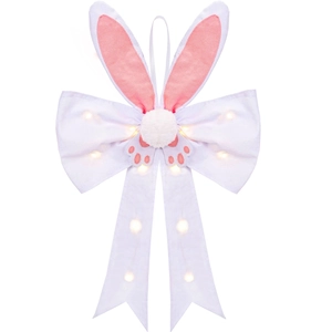 Light-up Easter bunny ear hanging ornament with LED warm light and pink bowtie