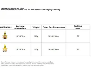 Size chart showing dimensions and material details for bee festival gnome plush decor