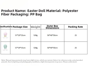Detailed size chart for Easter plush rabbit legs decoration showing product dimensions