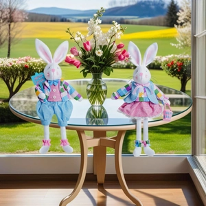 Détail de lapins de Pâques en peluche aux longues pattes avec panneaux Happy Easter décoratifs