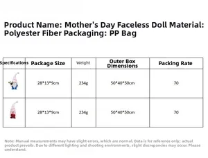 Detailed sizing chart and material specs for Mother's Day faceless gnome decoration