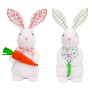 Pair of standing Easter bunny plush decorations with plaid accents and boucle fabric texture