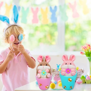 Easter bunny plush figurines in colorful flower pots for holiday home decoration set