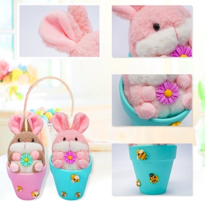 Detail of plush Easter bunnies in pastel ceramic pots with bee and ladybug accents