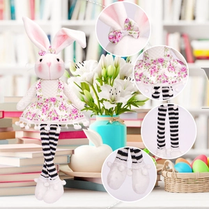 Easter bunny plush with long striped legs and floral dress for holiday home decoration