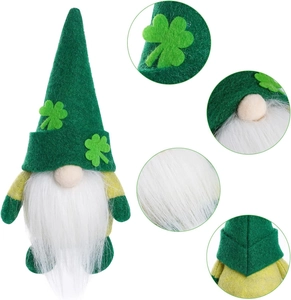 Detailed views of St. Patrick's Day gnome features including clover and plush texture