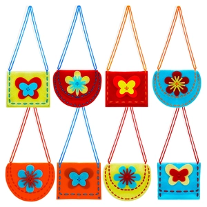 DIY kids sewing kit featuring 8 colorful felt purses with floral and butterfly patterns