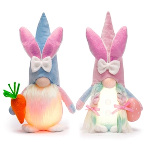 Glowing Easter gnome plush decor set with bunny ears holding carrot and egg