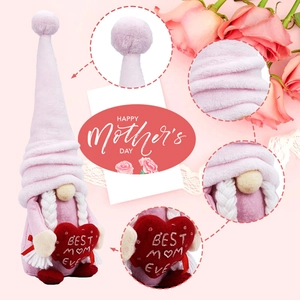 Detailed view of handmade pink Mother's Day gnome featuring Best Mom Ever heart embroidery
