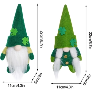 Saint Patrick's Day gnome plush duo with green clover hats and white beards on white background