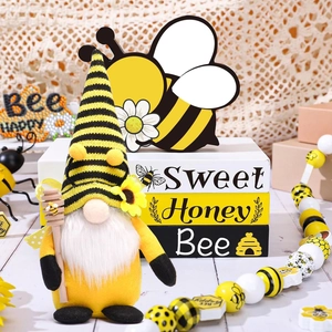Bee gnome decor set with yellow striped hat, honey stirrer, sunflower, and sweet honey wood blocks