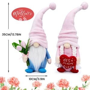 Pair of Mother's Day gnomes with tulips and hearts, height 35cm, soft plush festive decor