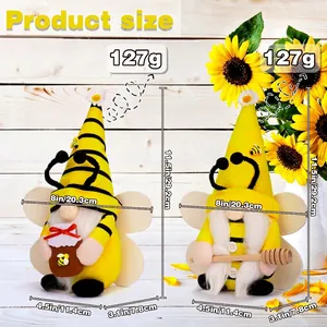 Bee festival gnome plush with sunflower jar and honey dipper on light wood floor